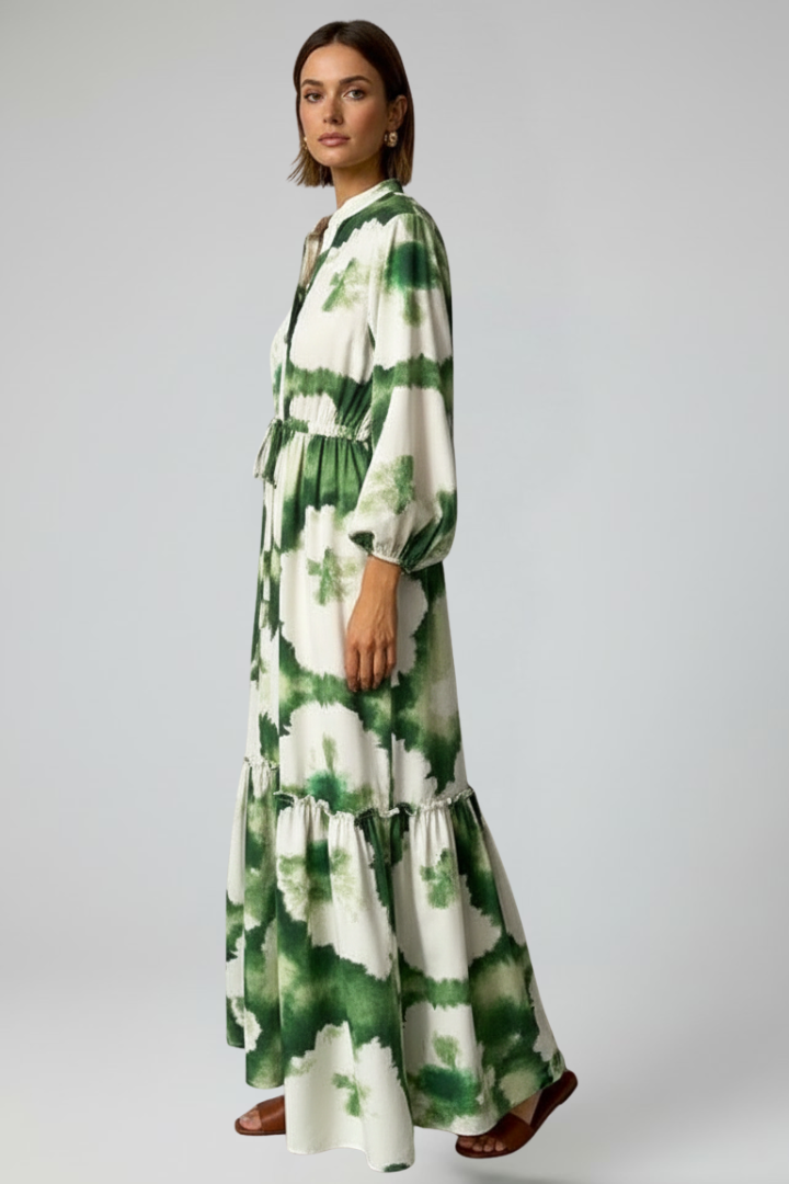 Calista | Elegant Green Tie-Dye Women's Long Sleeve Printed Maxi Dress with V-Neck