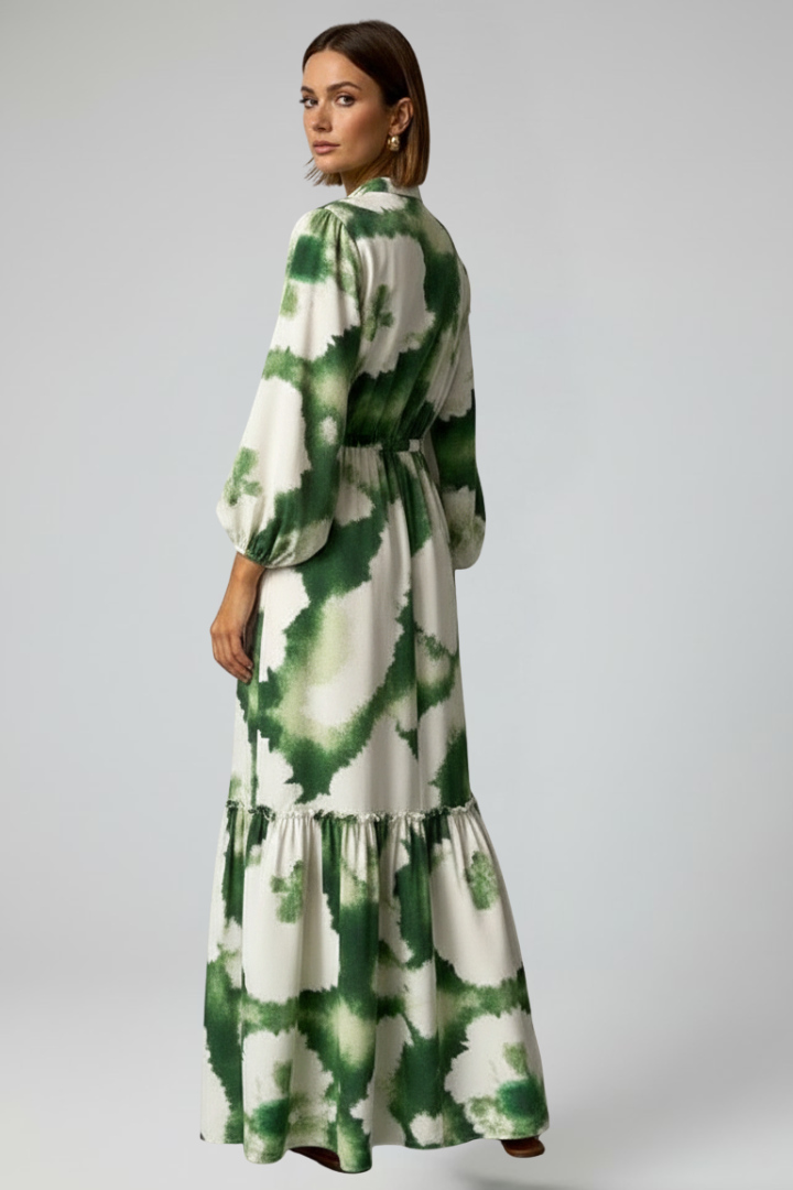 Calista | Elegant Green Tie-Dye Women's Long Sleeve Printed Maxi Dress with V-Neck