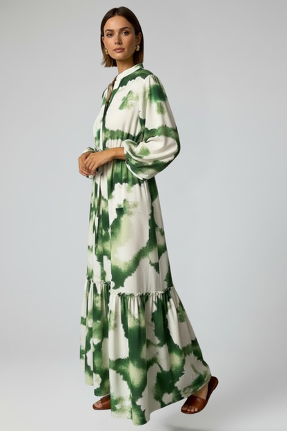 Calista | Elegant Green Tie-Dye Women's Long Sleeve Printed Maxi Dress with V-Neck