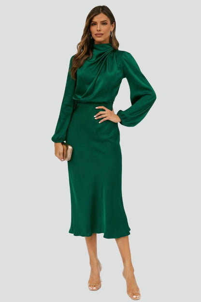 Calista | Emerald Women's High Neck Long Sleeve Midi Dress