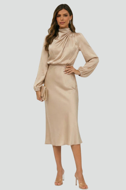 Calista | Emerald Women's High Neck Long Sleeve Midi Dress