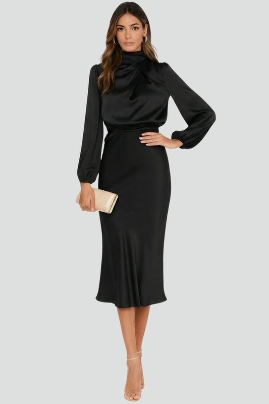 Calista | Emerald Women's High Neck Long Sleeve Midi Dress