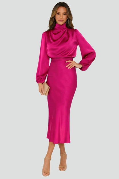 Calista | Emerald Women's High Neck Long Sleeve Midi Dress
