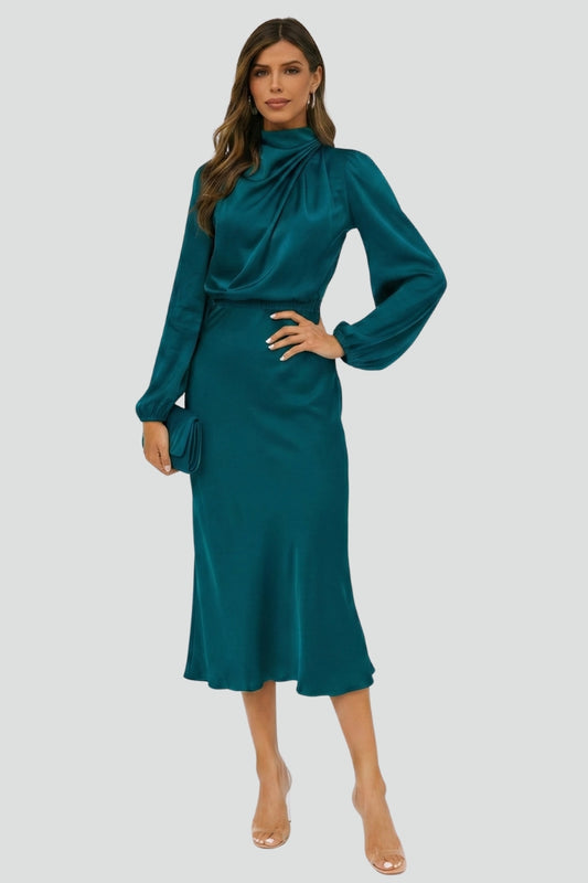 Calista | Emerald Women's High Neck Long Sleeve Midi Dress