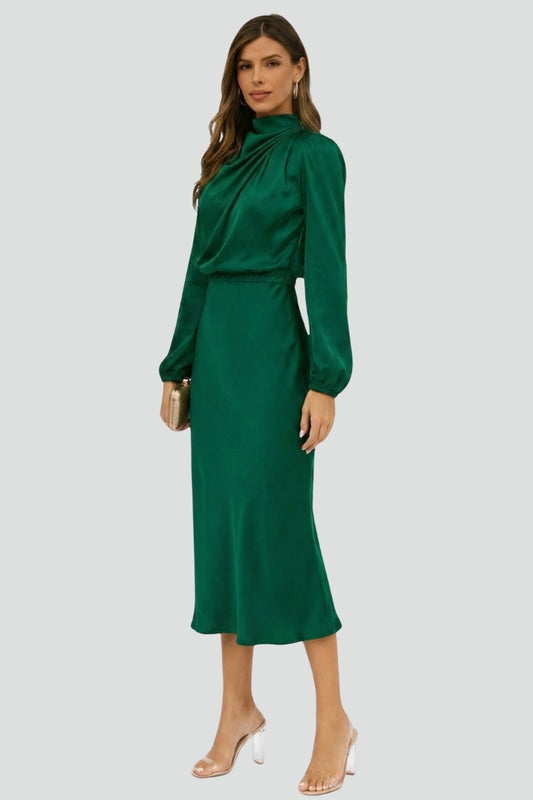 Calista | Emerald Women's High Neck Long Sleeve Midi Dress