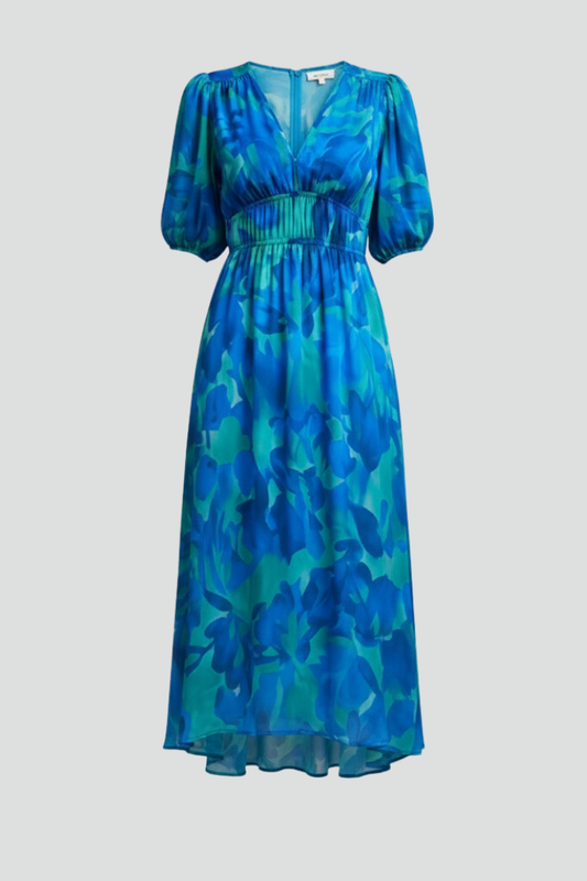 Calista | Women’s Floral Puff Sleeve V-Neck Midi Dress in Vibrant Blue