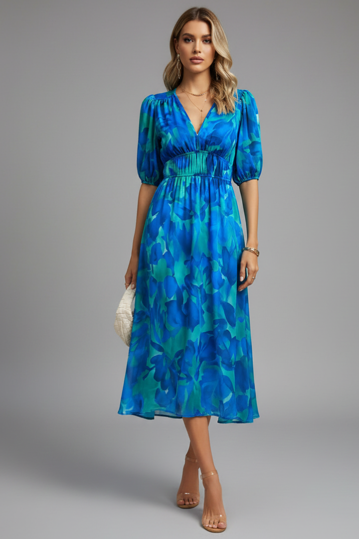Calista | Women’s Floral Puff Sleeve V-Neck Midi Dress in Vibrant Blue