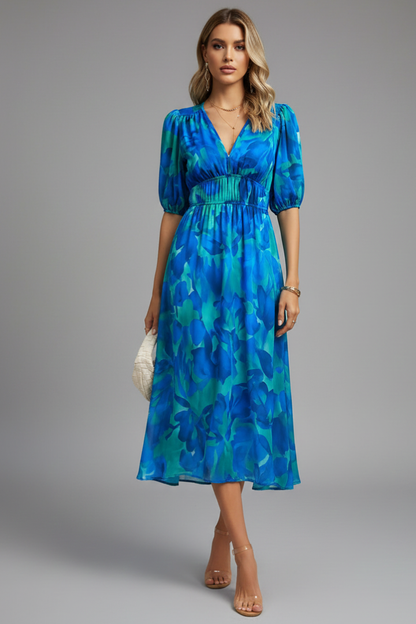 Calista | Women’s Floral Puff Sleeve V-Neck Midi Dress in Vibrant Blue