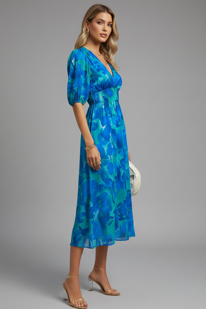 Calista | Women’s Floral Puff Sleeve V-Neck Midi Dress in Vibrant Blue
