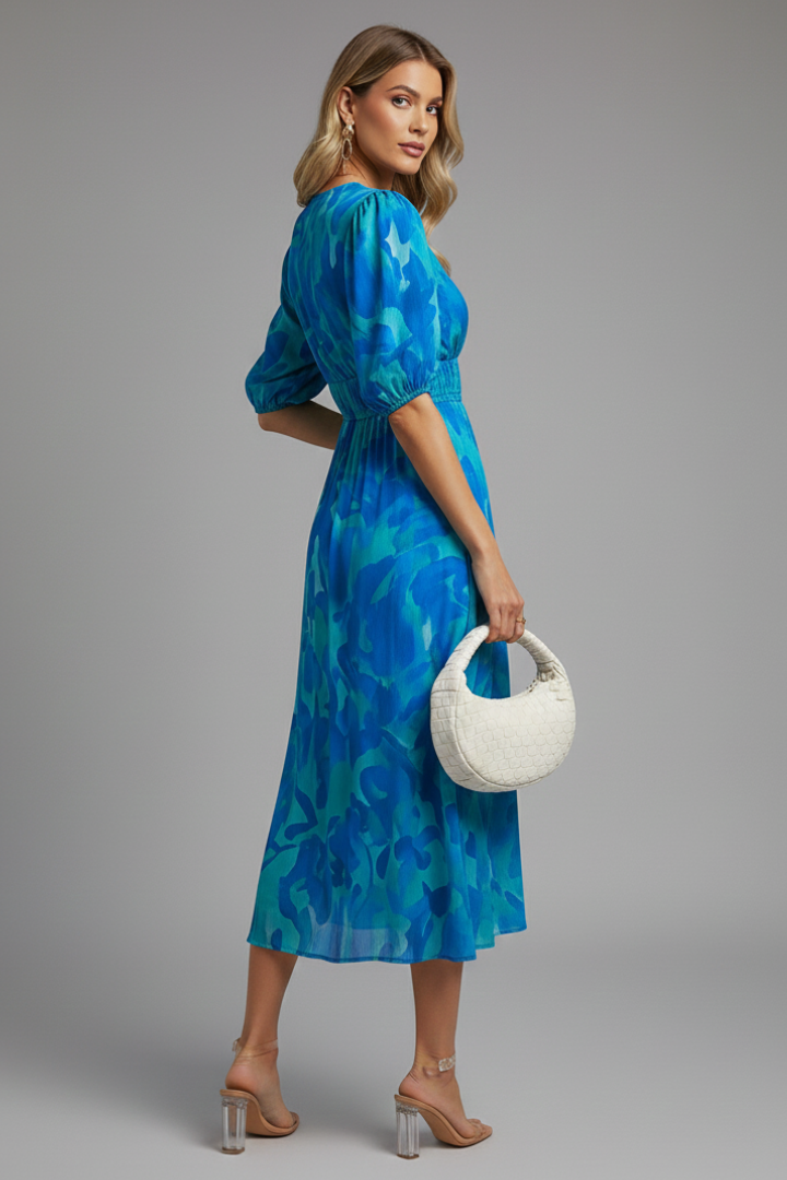 Calista | Women’s Floral Puff Sleeve V-Neck Midi Dress in Vibrant Blue