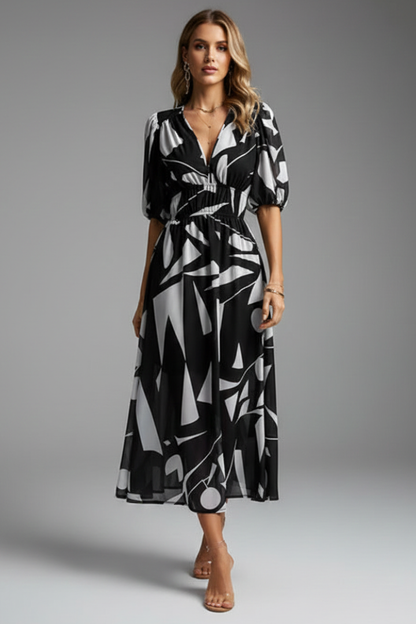 Calista | Women’s Floral Puff Sleeve V-Neck Midi Dress in Vibrant Blue