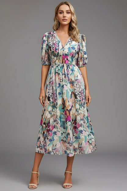 Calista | Women’s Floral Puff Sleeve V-Neck Midi Dress in Vibrant Blue