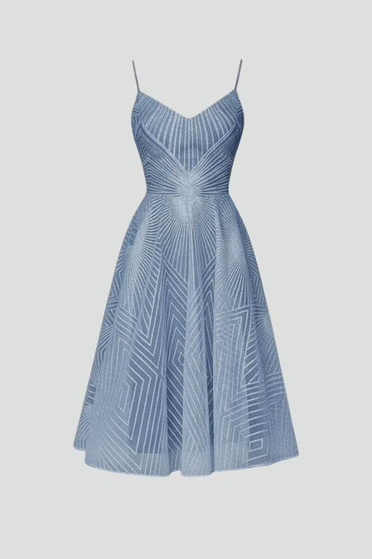 Lumina | Women’s Spaghetti-Strap A-Line Skirt Midi Dress in Light Blue Jacquard