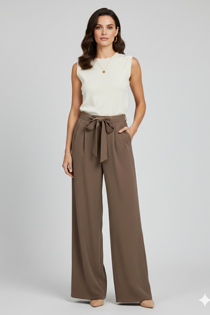 Astrid | Women’s Wide-Leg Drawstring Waist Palazzo Trousers in Mocha Brown