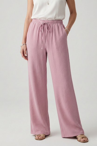 Soft Blush Women's Casual Palazzo Trousers with Drawstring Waist and Side Pockets