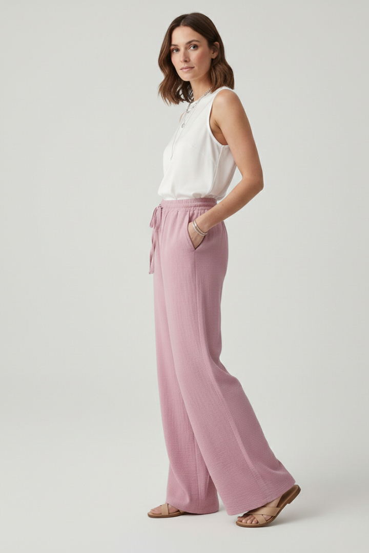 Soft Blush Women's Casual Palazzo Trousers with Drawstring Waist and Side Pockets