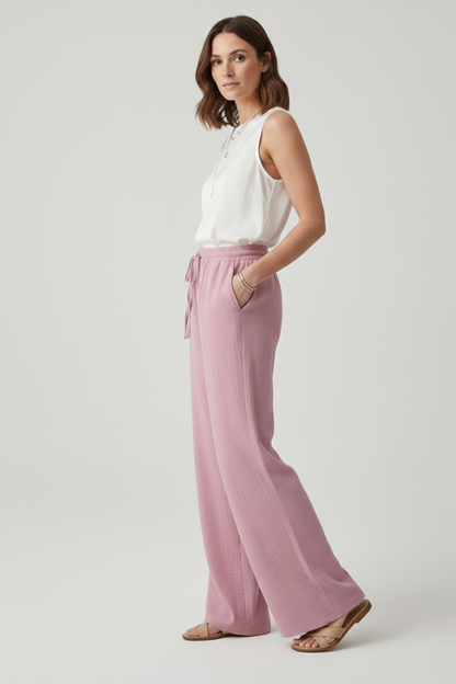 Soft Blush Women's Casual Palazzo Trousers with Drawstring Waist and Side Pockets