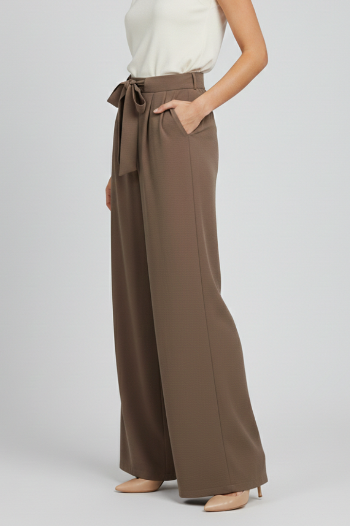 Astrid | Women’s Wide-Leg Drawstring Waist Palazzo Trousers in Mocha Brown