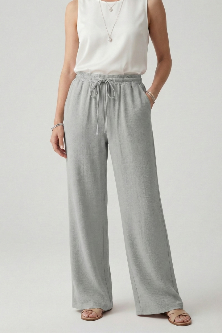 Soft Blush Women's Casual Palazzo Trousers with Drawstring Waist and Side Pockets