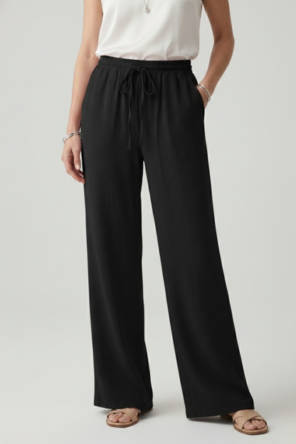 Soft Blush Women's Casual Palazzo Trousers with Drawstring Waist and Side Pockets