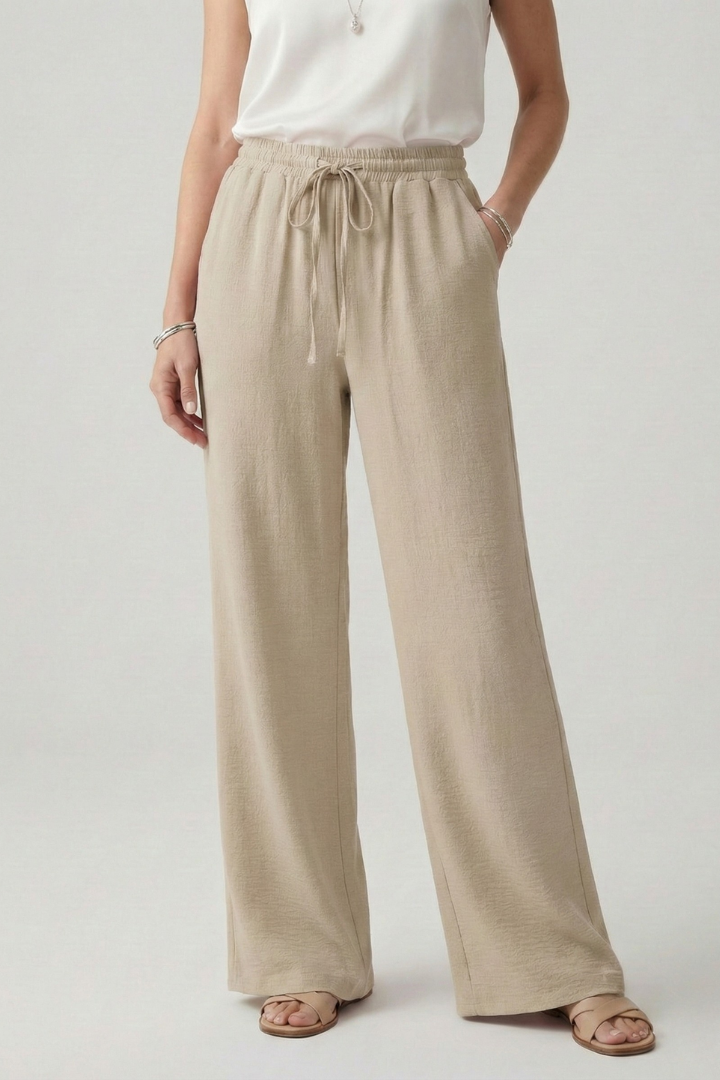 Soft Blush Women's Casual Palazzo Trousers with Drawstring Waist and Side Pockets