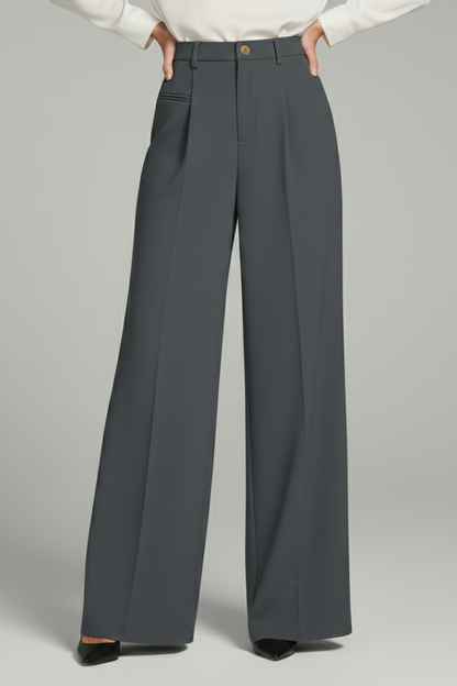 Alethea | Dark Grey Women's Palazzo Trousers with Front Pleats and Back Pockets