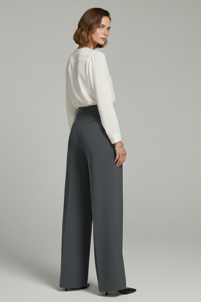 Alethea | Dark Grey Women's Palazzo Trousers with Front Pleats and Back Pockets
