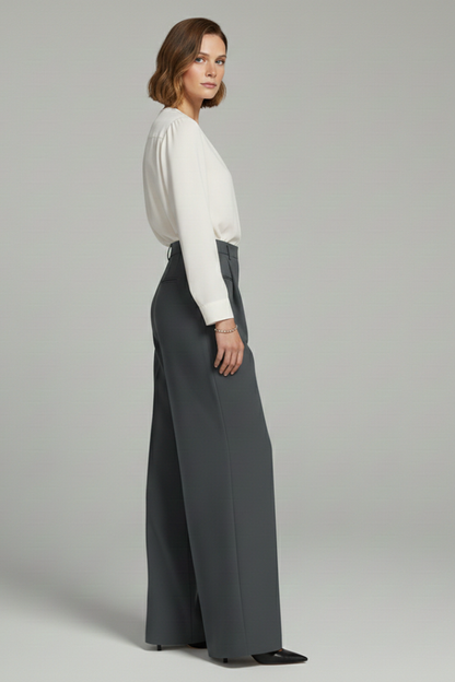 Alethea | Dark Grey Women's Palazzo Trousers with Front Pleats and Back Pockets