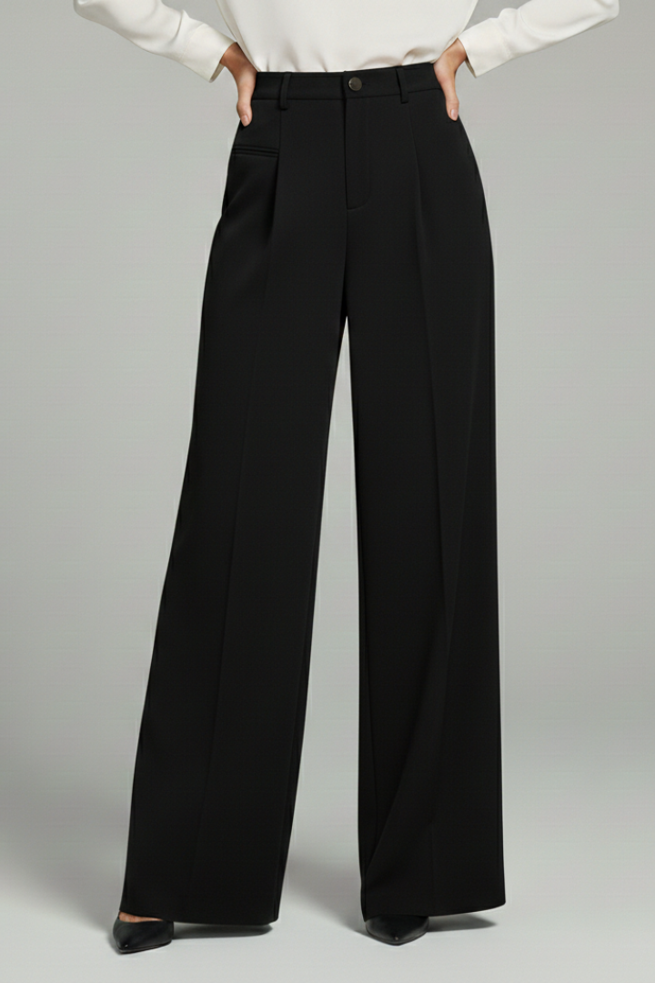 Alethea | Dark Grey Women's Palazzo Trousers with Front Pleats and Back Pockets