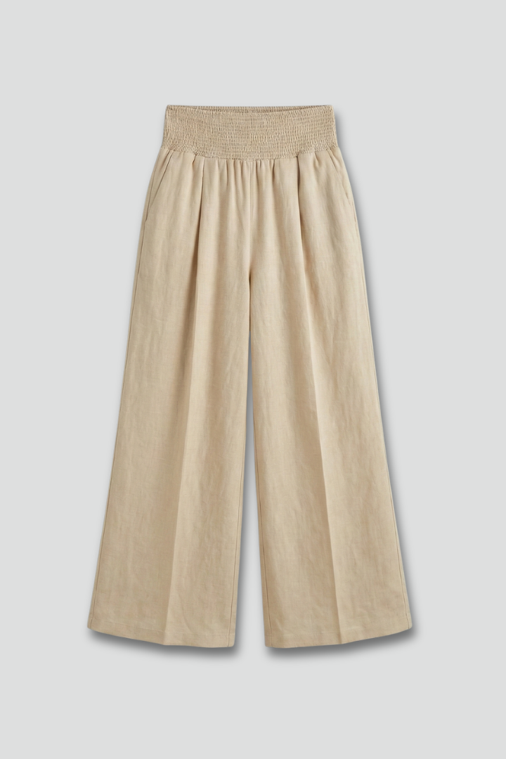 Beige Linen Women's Palazzo Trousers with High Waist and Pleats