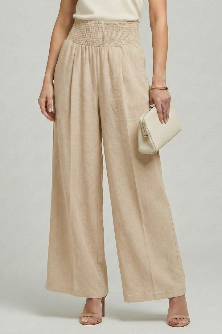 Beige Linen Women's Palazzo Trousers with High Waist and Pleats