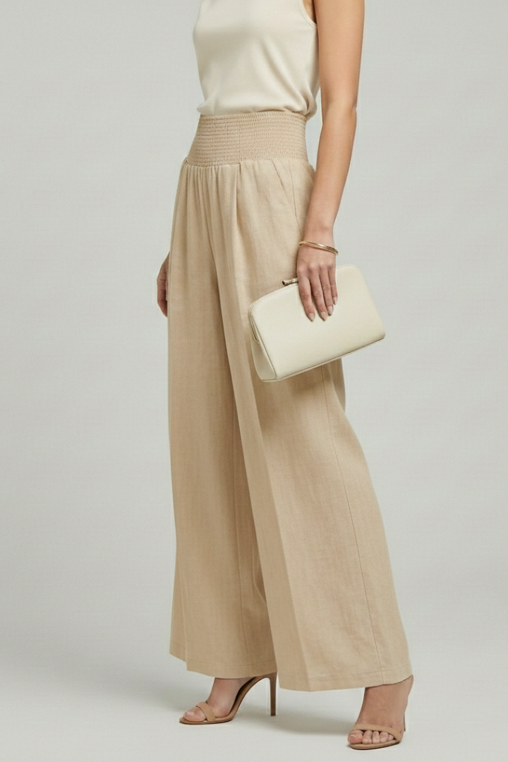 Beige Linen Women's Palazzo Trousers with High Waist and Pleats