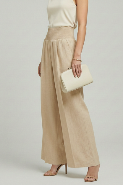 Beige Linen Women's Palazzo Trousers with High Waist and Pleats