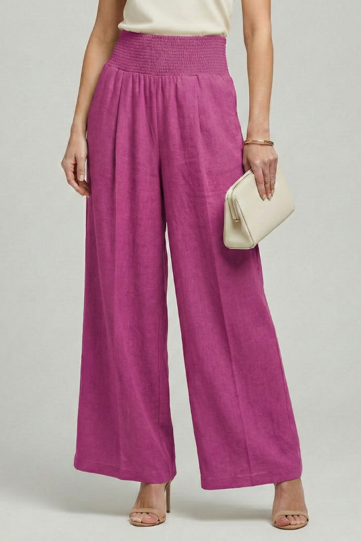 Beige Linen Women's Palazzo Trousers with High Waist and Pleats