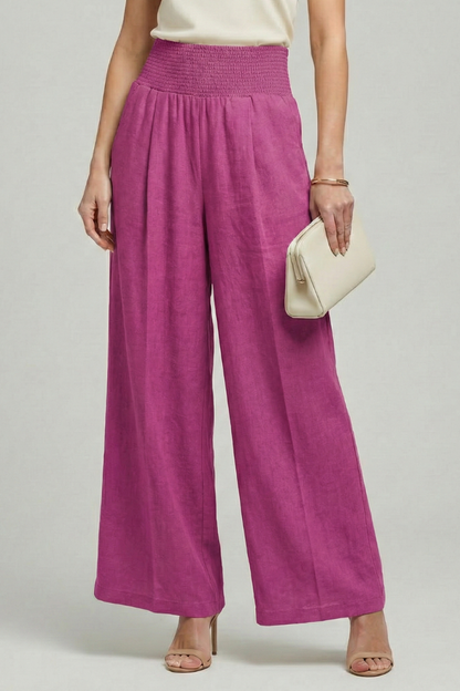 Beige Linen Women's Palazzo Trousers with High Waist and Pleats