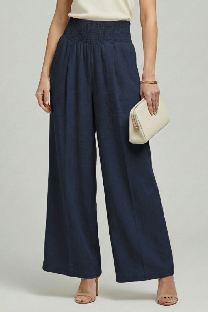 Beige Linen Women's Palazzo Trousers with High Waist and Pleats