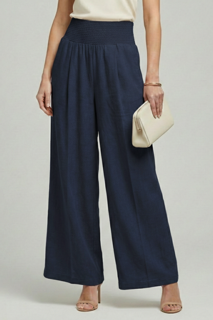 Beige Linen Women's Palazzo Trousers with High Waist and Pleats