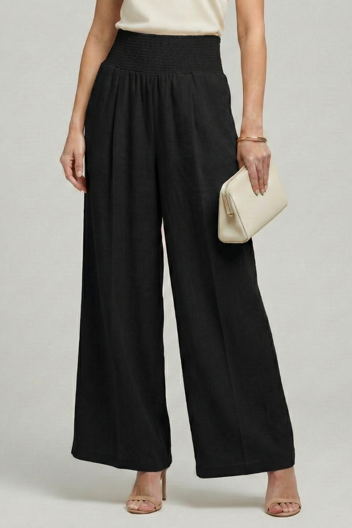 Beige Linen Women's Palazzo Trousers with High Waist and Pleats