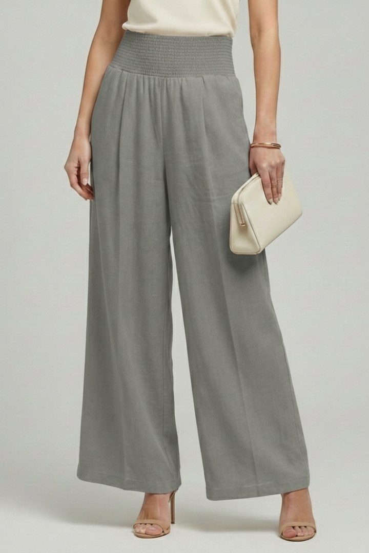 Beige Linen Women's Palazzo Trousers with High Waist and Pleats