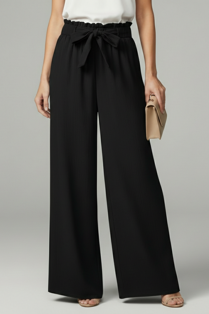 Astrid | Women’s Dark Navy Palazzo Trousers with Tie Belt and Wide Legs