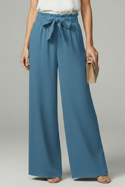 Astrid | Women’s Dark Navy Palazzo Trousers with Tie Belt and Wide Legs