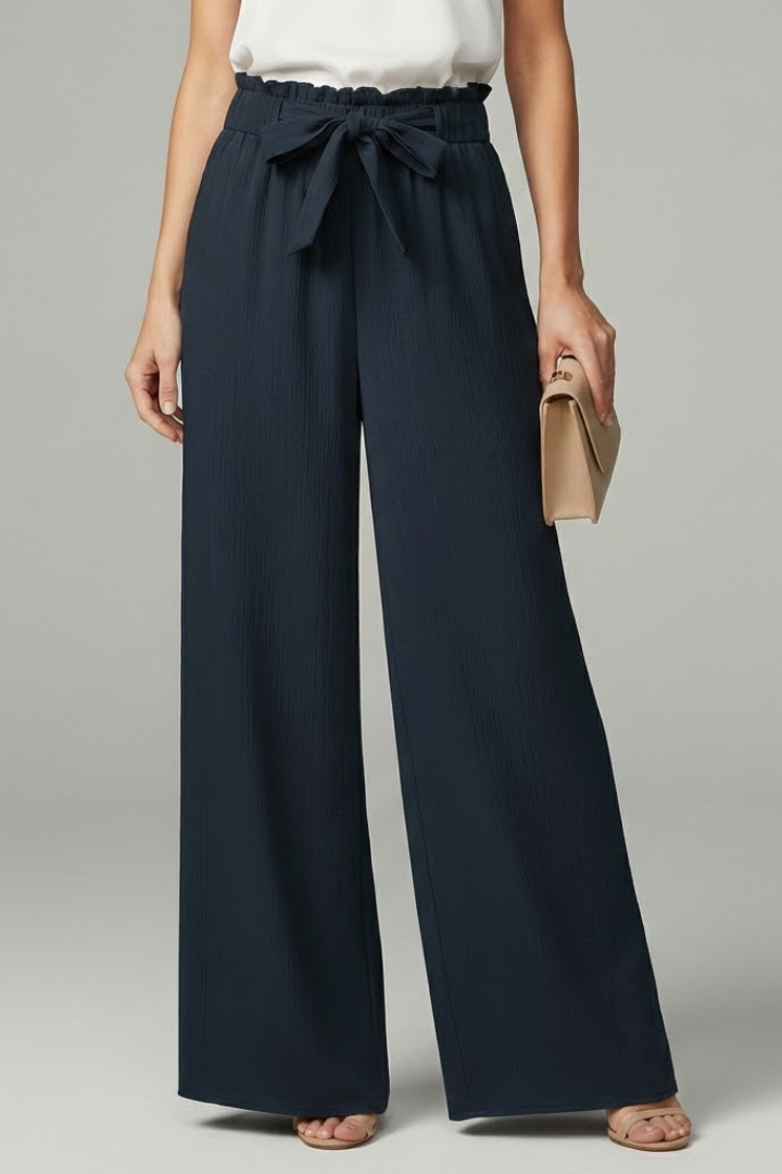 Astrid | Women’s Dark Navy Palazzo Trousers with Tie Belt and Wide Legs