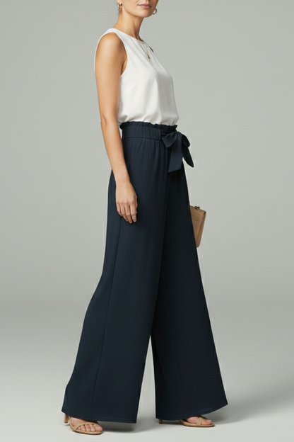 Astrid | Women’s Dark Navy Palazzo Trousers with Tie Belt and Wide Legs