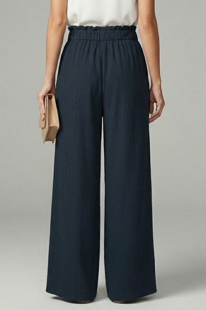 Astrid | Women’s Dark Navy Palazzo Trousers with Tie Belt and Wide Legs