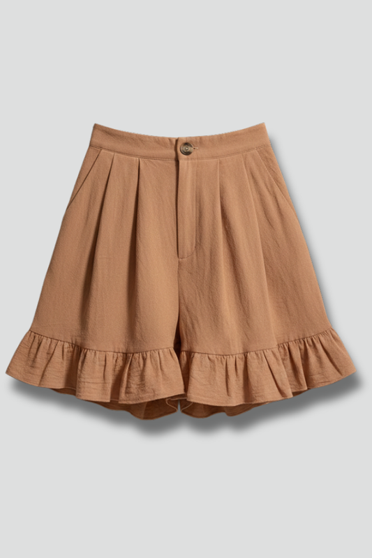 Alethea | Women’s High Waist Ruffle Hem Casual Shorts in Light Brown Linen