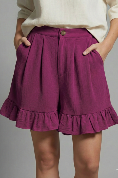 Alethea | Women’s High Waist Ruffle Hem Casual Shorts in Light Brown Linen