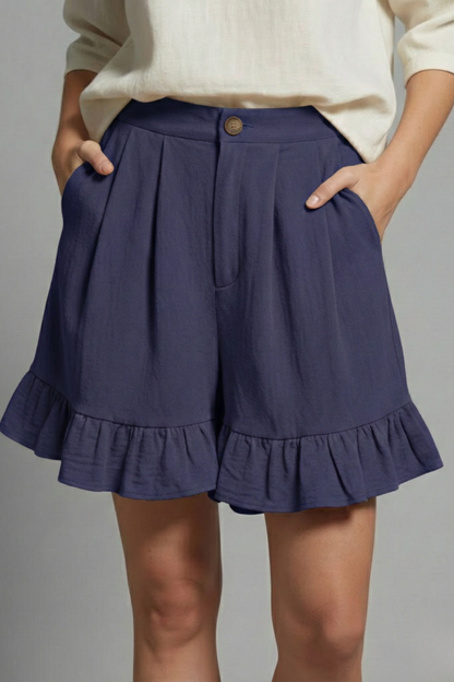 Alethea | Women’s High Waist Ruffle Hem Casual Shorts in Light Brown Linen