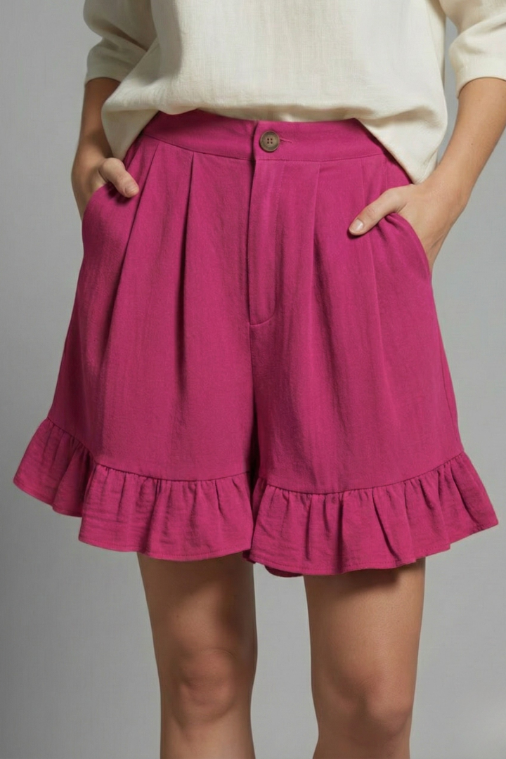 Alethea | Women’s High Waist Ruffle Hem Casual Shorts in Light Brown Linen