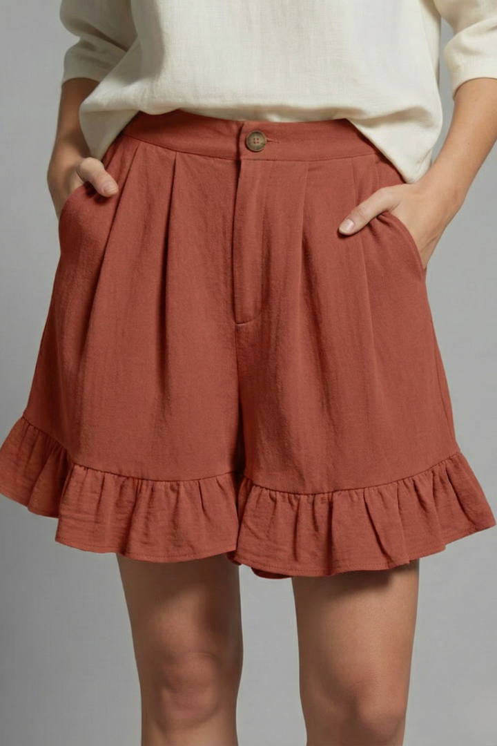 Alethea | Women’s High Waist Ruffle Hem Casual Shorts in Light Brown Linen