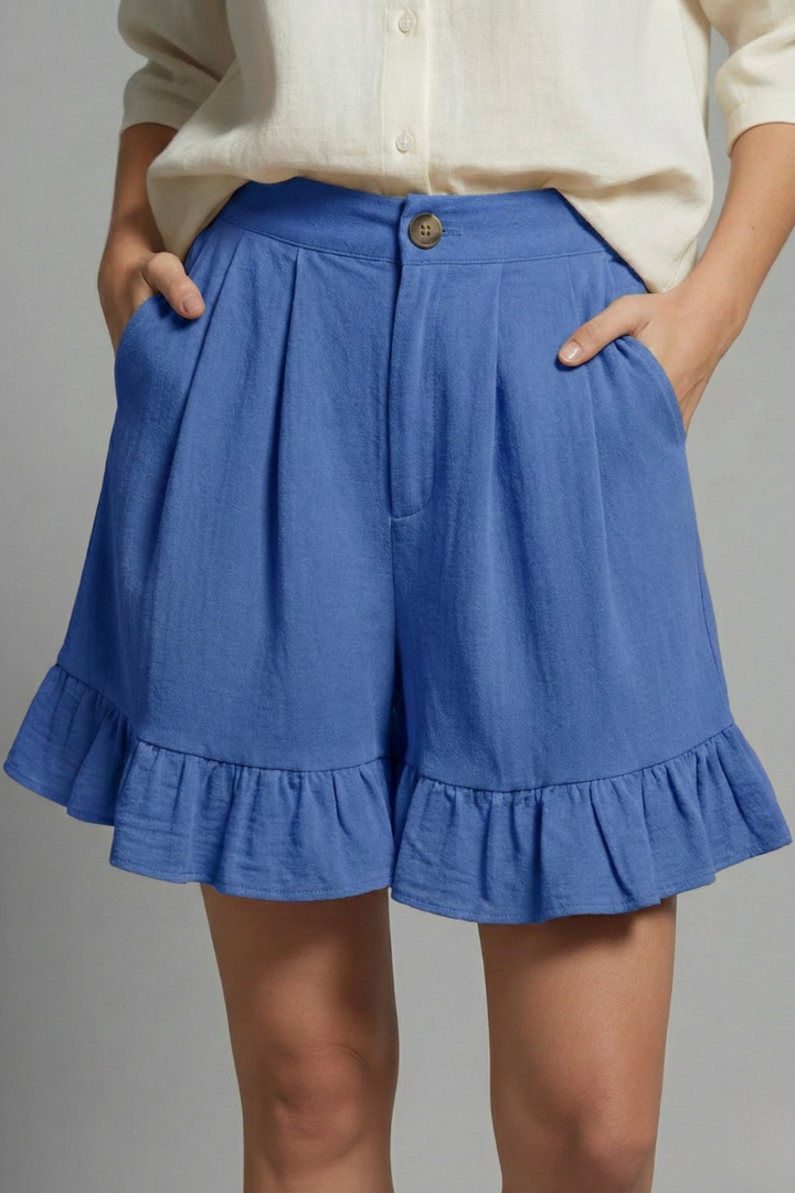 Alethea | Women’s High Waist Ruffle Hem Casual Shorts in Light Brown Linen